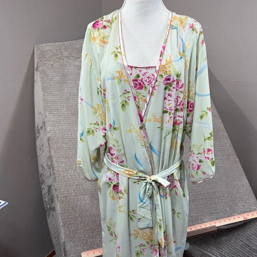 Oscar de la Renta Pink Label Floral Robe and Nightgown Set Mint Green Large XL